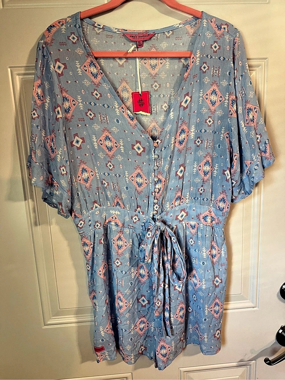 Simply Southern Blue Aztec Print Romper Geometric Mini Dress Blue & Pink XL